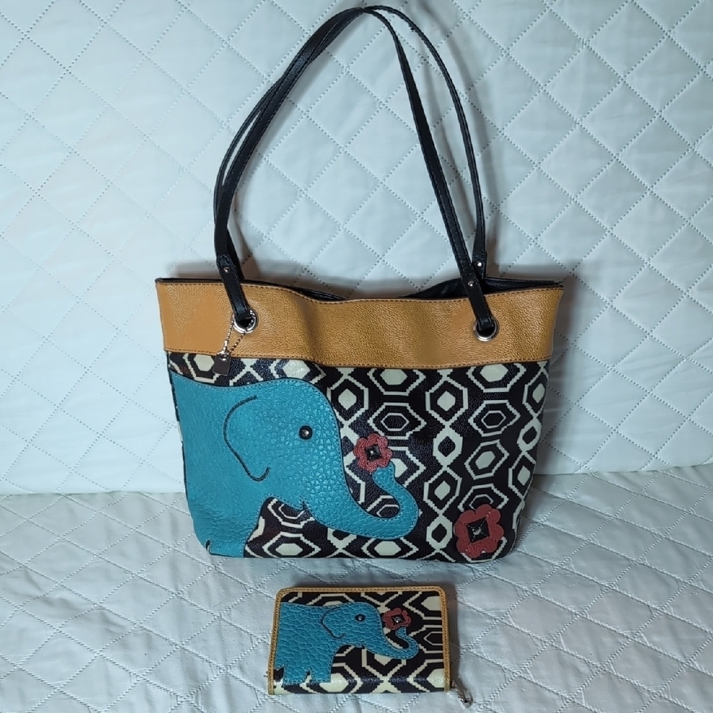 Relic Faux Leather Satchel and Wallet with Elephant/Floral Design.